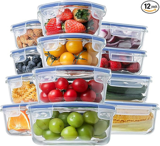 HOMBERKING 24pc Glass Food Storage Containers with Lids, Glass Meal Prep Containers, Airtight Glass Bento Boxes, BPA Free & Leak Proof, Pantry Kitchen Storage(12 lids & 12 Containers) - Deep Blue