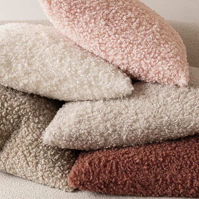 Foindtower Set of 2 Curly Teddy Wool Pillow Covers Decorative Boucle Textured Lumbar Throw Pillow Faux Fur Sherpa Pillowcases Sheepskin Fuzzy Cushion Case for Sofa Bedroom Car 12"x20" Light Pink