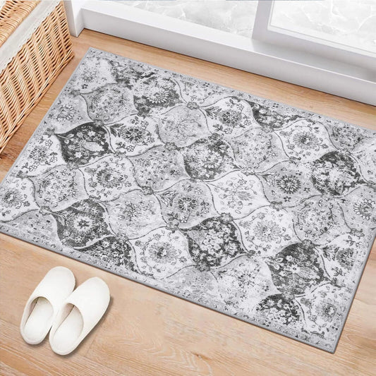 Lahome Moroccan Trellis Washable Rug, 2x3 Kitchen Rugs for Entryway Bathroom, Non-Slip Indoor Door Mat Ultra-Thin, Small Oriental Throw Carpet for Bedroom Entry, Silver/Grey
