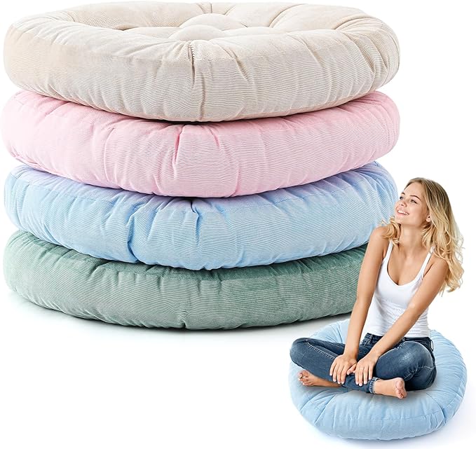 Jerify 4 Pcs Floor Pillow Cushions 22 x 22 Inch Round Square Large Meditation Floor Pillow for Classroom Adult Meditation Picnic Party Cushion for Seating Gift Christmas(Light Colors,Round)