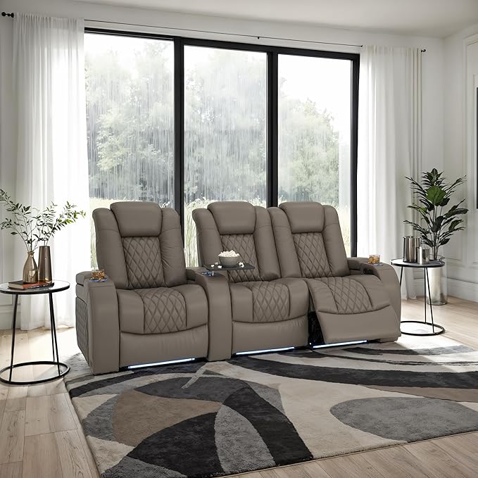 Seatcraft Diamante Zero-Gravity CoolZero Italian Leather Home Theater Seating, Power Headrest, Power Recline, Row of 3 Right Loveseat, Gray