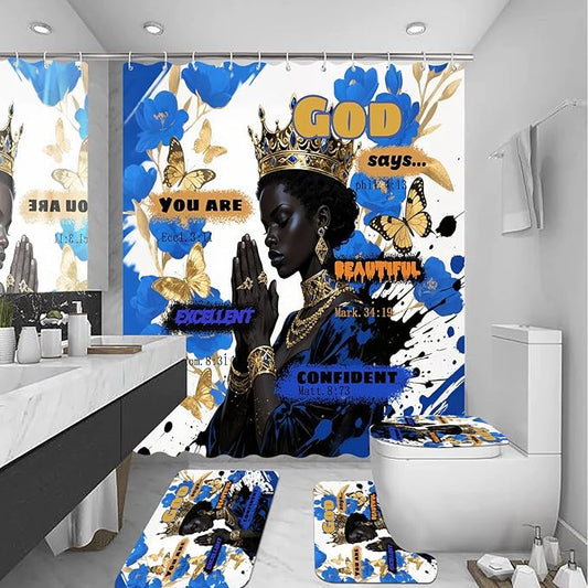 4 PCS Black Queen Shower Curtain Set with Waterproof Shower Curtain, Non-Slip Bath Mat, Rug, Toilet Lid Cover, Inspirational Quote Afrcia American Blue Flower Black Woman Halloween Bathroom Decor Set