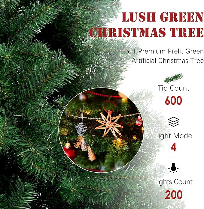 5FT Pre-Lit Green Christmas Tree, Small Artificial Holiday Fir Xmas Tree with 600 PVC Branch Tips, 200 Warm Lights, Foldable Base for Home, Party Decoration