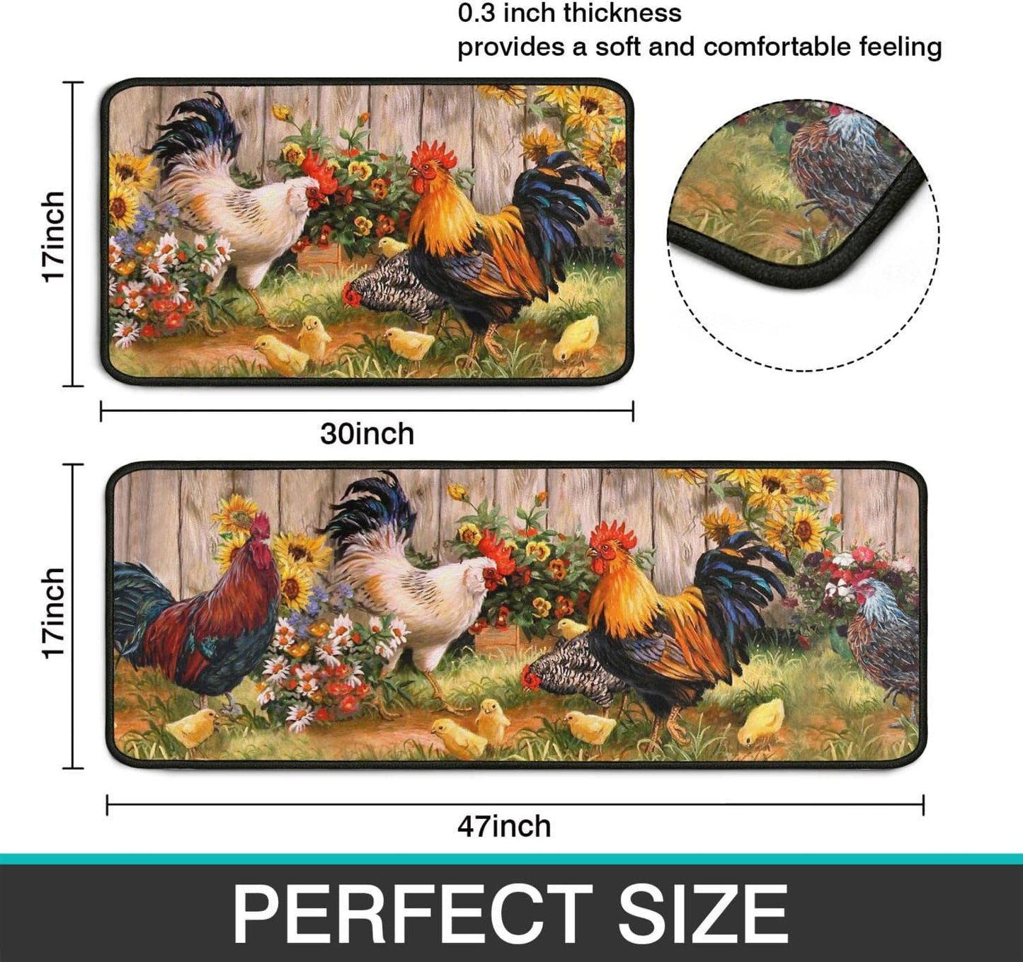 Rooster Kitchen Rugs 2 Piece Set Sunflower Decor Kitchen Floor Mat, Microfiber Washable Runner Rugs, Farmhouse Chicken Decorations Kitchen Mats,17"x47"+17"x30"