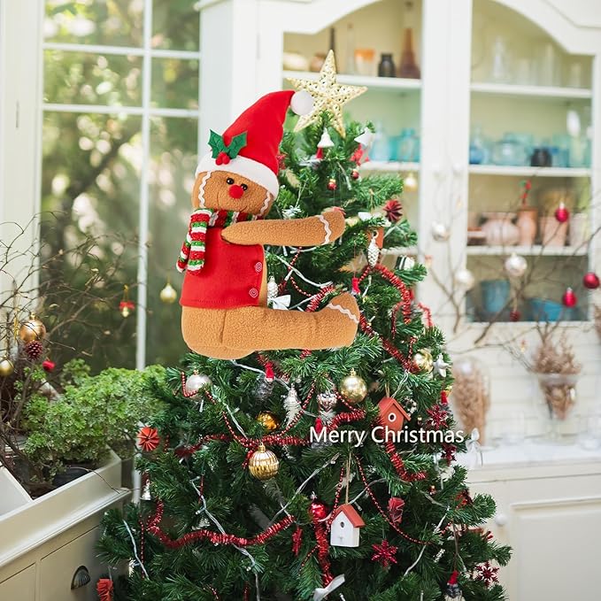 Gingerbread Christmas Tree Topper Decorations,Gingerbread Ornament Doll Tree Hugger Decor for Curtain Wine Bottle Christmas Tree Holiday Home Decor, 11" x 15"