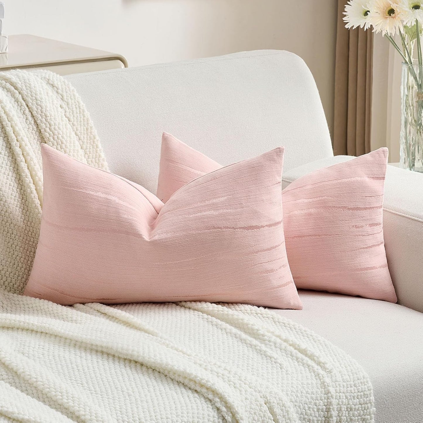 FUTEI Pink Chenille Decorative Throw Pillow Covers 12x20 Inch Set of 2,Soft Embossed Striped Textured Lumbar Pillow Cases,Modern Home Decor for Couch Bed Living Room