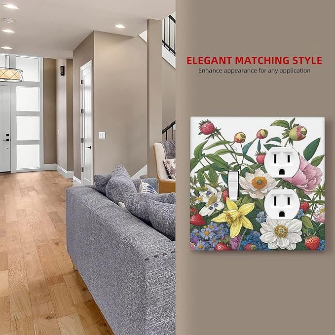 Spring Watercolor Flower Plant Strawberry Peony Floral Wallplates 1 Toggle 1 Duplex Electrical GFCI Faceplate Decorative Light Switch Covers Switch Plate for Bedroom living Room Decor