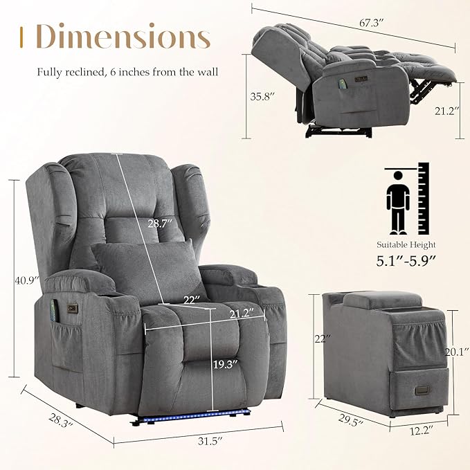 Wall Hugger Power Recliner Chair, Home Theater Seating Electric Recliing Sofa with Massage & Heat, Cup Holder, USB Port, LED Ambient Light, Storage for Living Room (Grey, 3 Chairs)