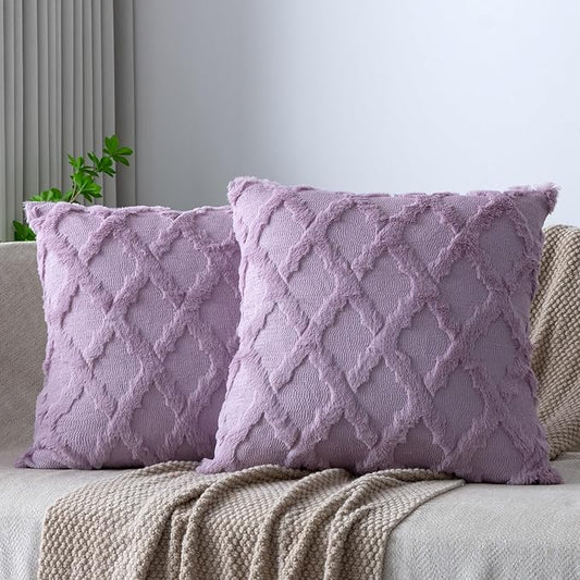 Set of 2 Soft Moroccan Throw Pillow Covers 22x22 Inch Plush Boho Decorative Pillow Cover Accent Cushion Case for Couch Sofa Bed, Purple