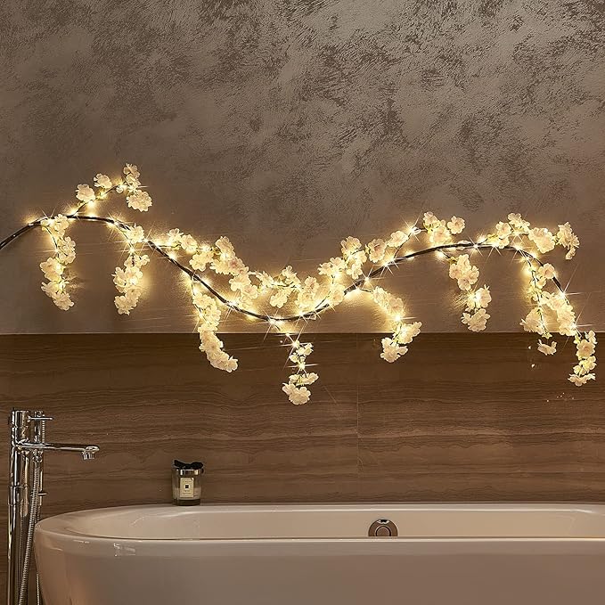 LITBLOOM Cherry Blossom Garland with Lights Battery Operated with Timer 96 Fairy Lights, Lighted Flower Garland 6FT for Mantle Firepalce Wedding Party Decoration Indoor Outdoor