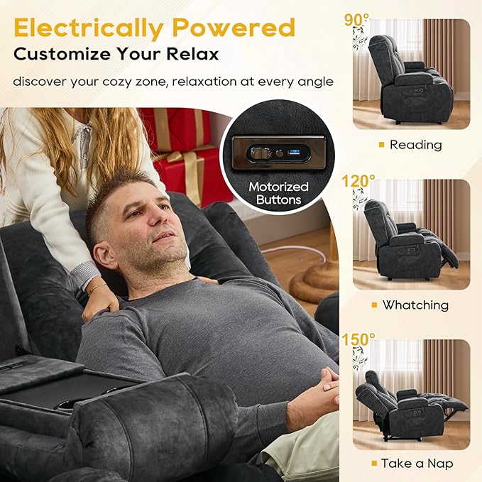 IPKIG 76" Power Reclining Sofa, Electric Home Theater Seating with Flipped Middle Backrest/LED Lighting/USB Ports/Built-in Outlets, Dual Recliner Sofa 3 Seater for Living Room RV (Grey)