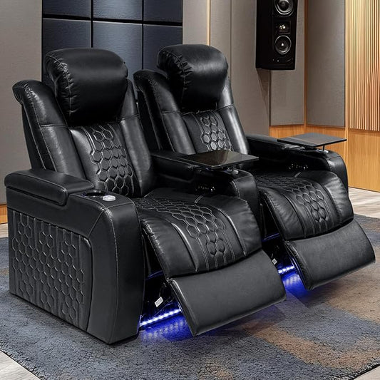 Home Theater Seating, Living Room, Powered Headrest, Powered Lumbar, Italian Leather, Powered Recline, Single Recliner (Black, Row of 2)