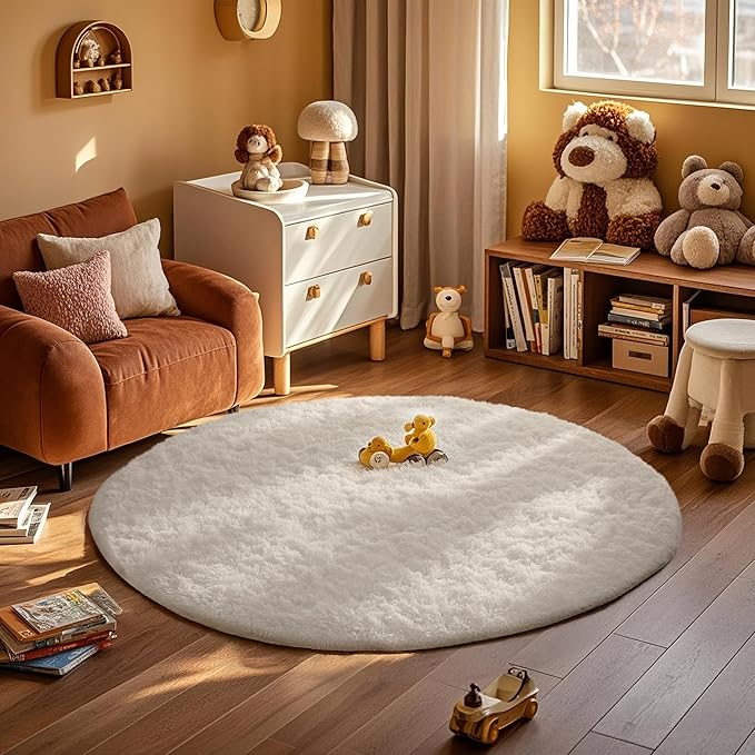 Ophanie Round Rug 6Ft White Circle Area Rug, Aesthetic Room Decor, Fluffy Fuzzy Bedroom Carpet, Plush Soft Shaggy Living Room Rugs for Kids Home Decor, Nursery