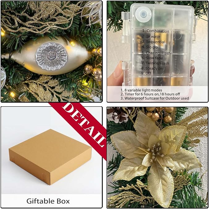 WANNA-CUL Pre-Lit 6 Feet/72 Inch Christmas Garland for Front Door with Lights Champagne Gold Christmas Mantel Garland Decoration with Ball Ornaments, Poinsettia Flowers,Ribbon,Battery Operated 30 LED