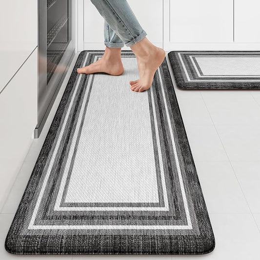 KIMODE Anti Fatigue Kitchen Mat 2PCS,Kitchen Rugs Non Slip Rubber Backing,Waterproof Farmhouse Kitchen Mat for Floor,Cushioned Standing Mat for Office,Laundry,Sink,Desk,Black and Grey