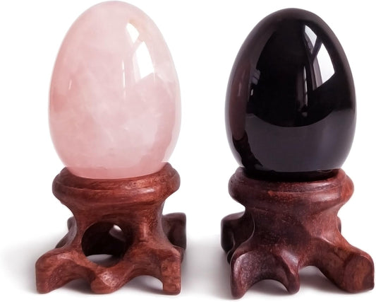 Polar Jade Set of 2 Gemstone Egg Spheres of Rose Quartz & Black Obsidian, Each with Wooden Stand for Healing Meditation Chakra Balancing and Home Decoration (Both M Sizes)
