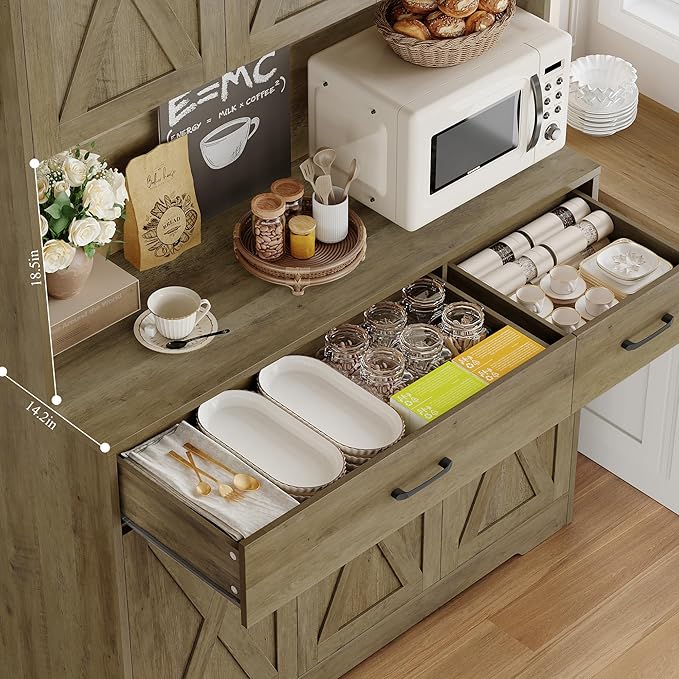 HOSTACK 71" Pantry Cabinet with Charging Station, Tall Kitchen Pantry Storage Cabinet with Microwave Stand, Farmhouse Kitchen Hutch with Storage Drawers for Living Room, Dining Room, Rustic Brown