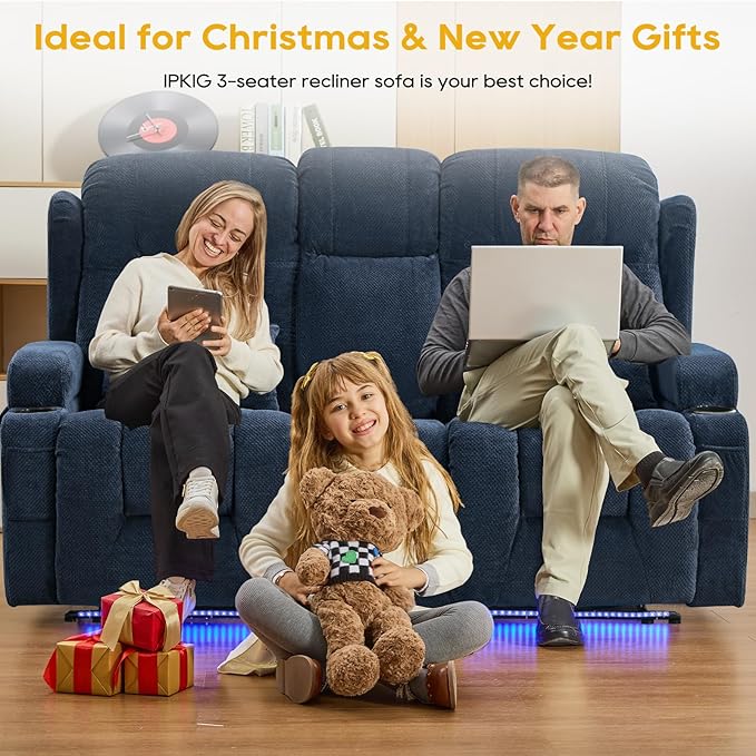 IPKIG 67" Power Reclining Loveseat Sofa, Electric Home Theater Seating with Console/4 Colors Ambient Lighting/Bluetooth Speakers/USB Ports/Built-in Outlets (Navy Blue, Loveseat Recliner)