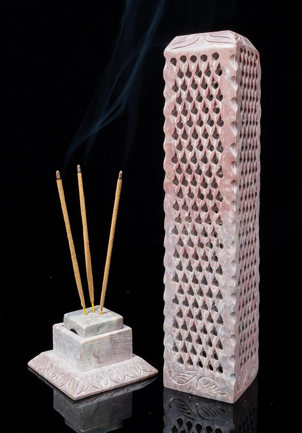 Crocon Handmade Incense Tower Candle Stick Holder Soapstone Leaf Design Tea Light Tower Burner | Candles Stand |Office Decor Room Fragrance Decorative Kitchen Home Spa Great Gift Set - 11X3X3 Inch