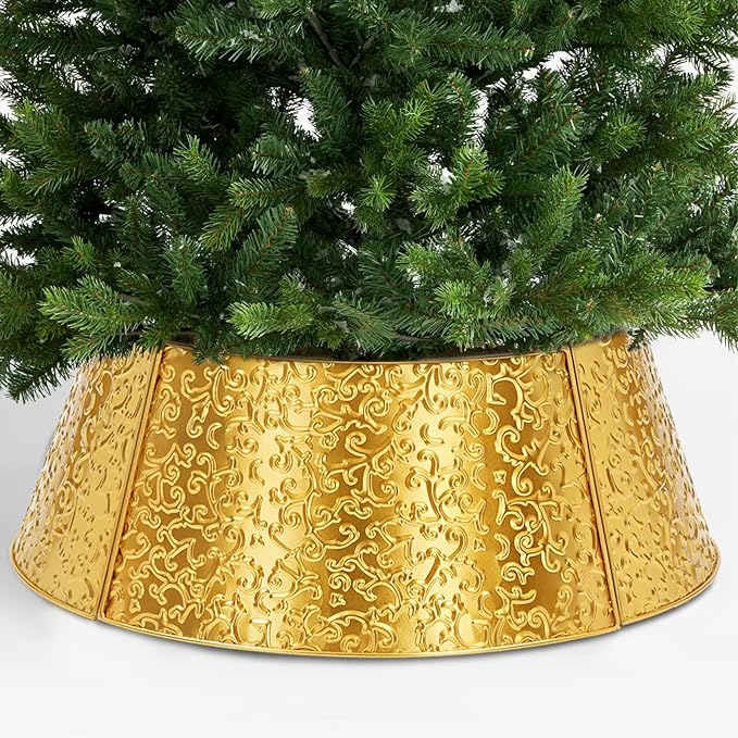 Metal Christmas Tree Collar, 23’’ D Christmas Decorative Base Cover for Christmas Tree, Tree Skirt, Tree Ring-Golden