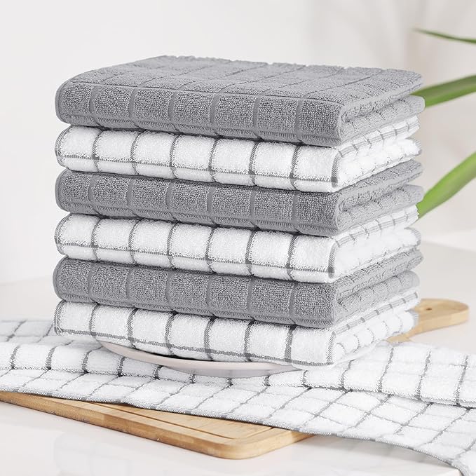 Homaxy Premium Cotton kitchen towels 16"x 28", Large Natural Ring Spun 390 GSM Dish Towels, Super Absorbent Terry Kitchen Hand Towels, Soft Tea Towel with Hanging Loop, Light Grey Check Design, 6 Pack