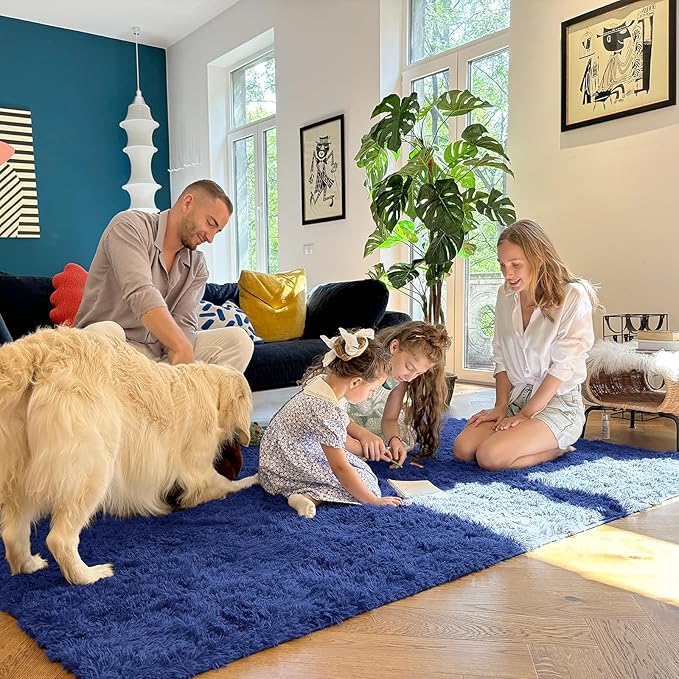 OLANLY Area Rugs for Living Room Bedroom, Machine Washable 4x5.9 ft Soft Fluffy Shaggy Bedside Rug, Indoor Floor Carpet for Kids Girls and Boys, Dorms, Nursery Rooms, Home Decor Aesthetic, Navy Blue