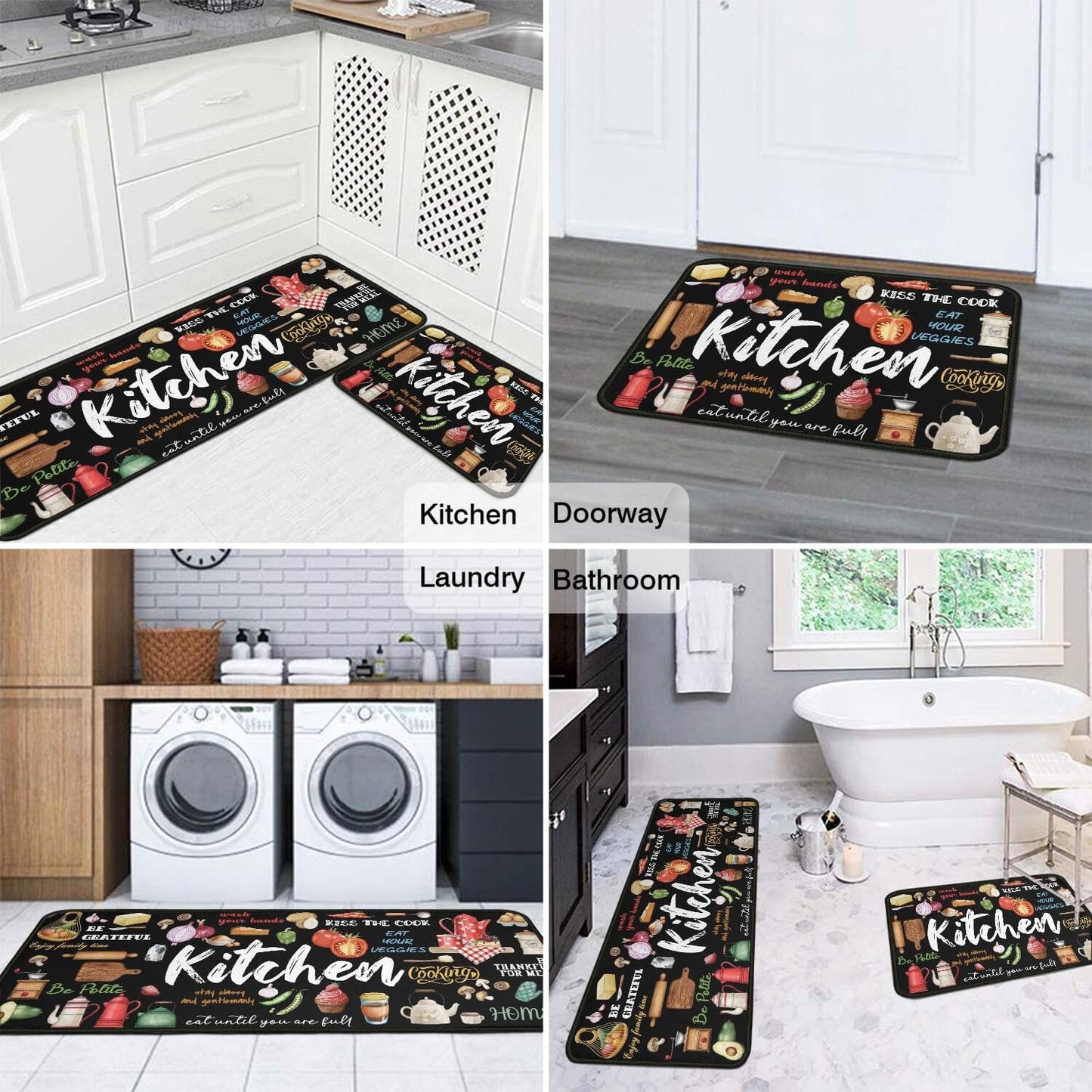Kitchen Rugs Kitchen Decor Rugs Set Kitchen Rules Theme Non Skid 2 Piece Kitchen Mats for Floor Washable Absorbent Microfiber Kitchens Accessories Decoration Floor Mats 17"x47"+17"x30"