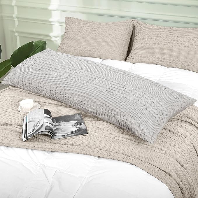 PHF 100% Cotton Waffle Body Pillowcase with Zipper, 1 Pack 20" x 54" Soft Skin-Friendly Pillow Sham, No Filling, Aesthetic Woven and Breathable Waffle Weave Body Pillow Cover for Bed, Light Grey