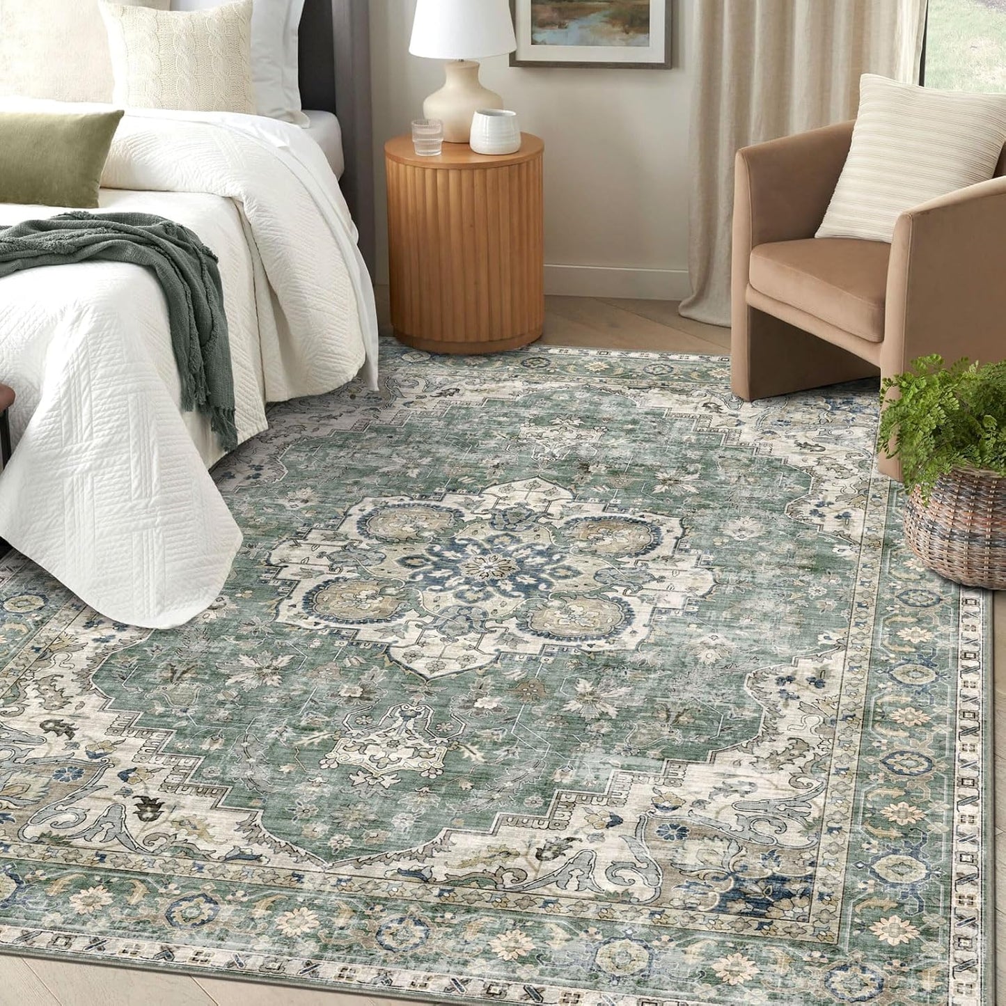 Washable Area Rug 5x7 - Boho Living Room Rug Stain Resistant Soft Bedroom Rug Ultra-Thin Sage Green Vintage Oriental Farmhouse Dining Room Rugs for Under Table Indoor Carpet for Living Room