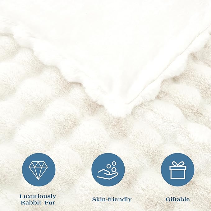 JONIYEAR Soft Fuzzy Oversized Bubble Faux Rabbit Fur Throw Blanket 60" x 70", Reversible Thick Warm Fluffy Blanket for Winter, Luxury Cozy Puffy Shaggy Furry Blankets for Bed, Twin Size, Cream White