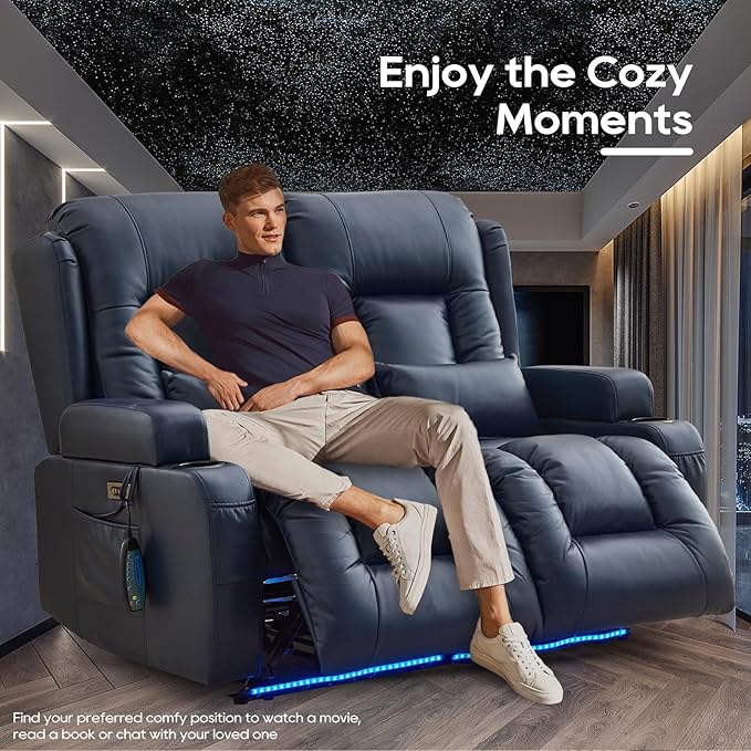 IPKIG 54" Power Loveseat Recliner Sofa, Electric Home Theater Seating with Massage Heat/4 Colors Ambient Lights/USB Port/Side Pocket/Cup Holder for Living Room, Bedroom, Home (Blue, 2 Seater)