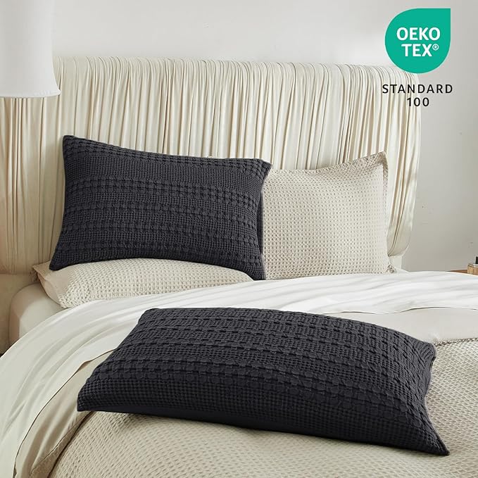 PHF 100% Cotton Waffle Pillow Shams Queen Size, 2 Pack 20" x 30" Soft Skin-Friendly Pillowcases, No Filling, Aesthetic Woven and Breathable Waffle Weave Pillow Case Covers for Bed, Black