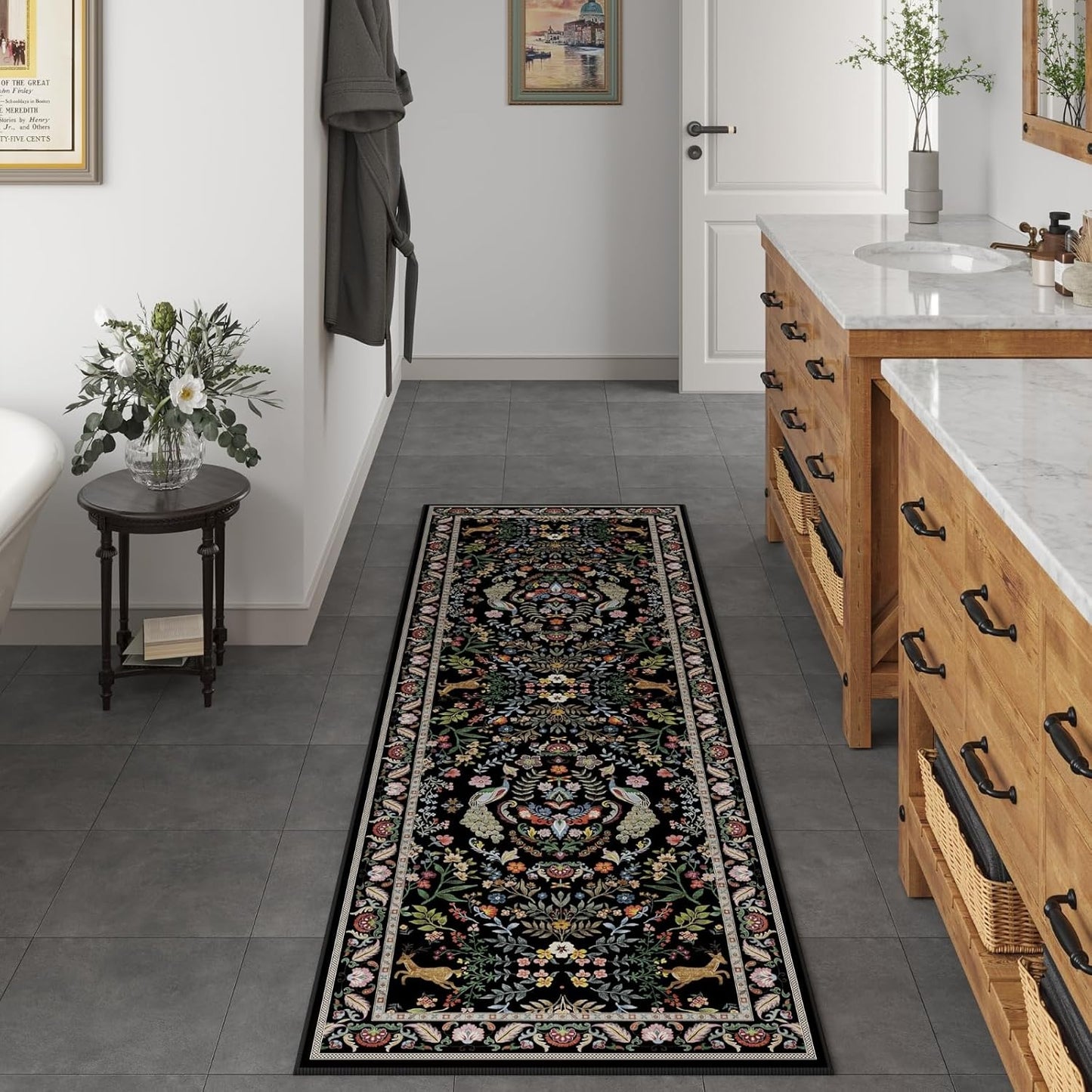Runner Rug Washable Kitchen 2'6''x8' Rug for Entryway Indoor Floral Non-Slip Soft Carpet Runner for Hallways, Kitchen, Laundry, Bedroom, Bathroom (Vibrant Black)