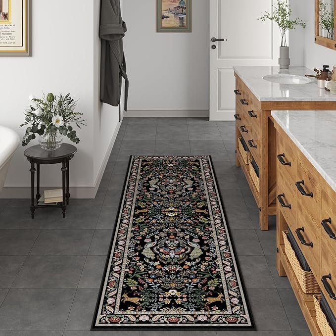 Runner Rug Washable Kitchen Runner 2'x6' Rug Floral Non-Slip for Entryway Indoor Soft Carpet for Hallways, Kitchen, Laundry, Bedroom, Bathroom (Vibrant Black)
