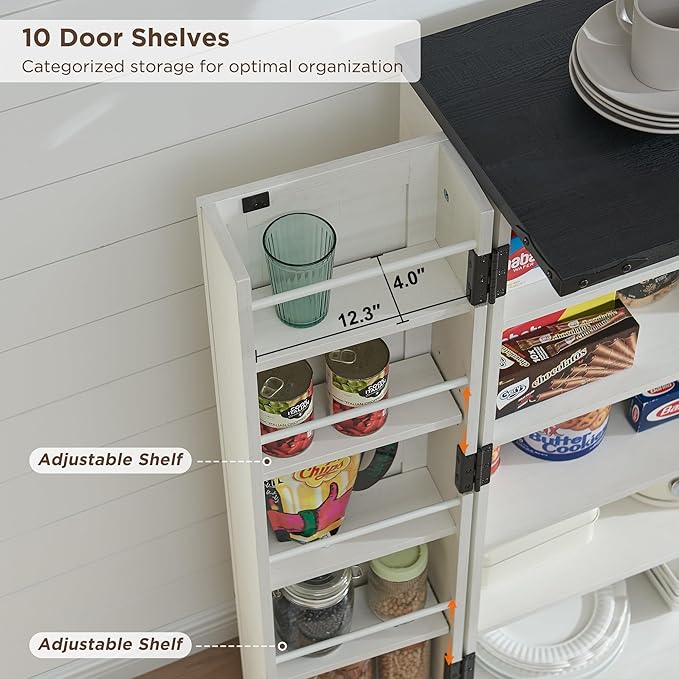 47" Kitchen Pantry, Farmhouse Storage Cabinet with Barn Doors, Organizer and Adjustable Shelves, Rustic Wood Cupboard for Kitchen, Dining Room, Bathroom and Hallway, Off White
