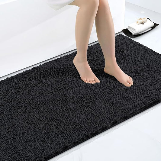 Smiry Luxury Chenille Bathroom Rugs 45x27, Extra Soft and Absorbent Shaggy Bath Mat, Machine Washable, Non-Slip Plush Carpet Runner for Tub, Shower, and Floor, Home Decor Accessories, Black