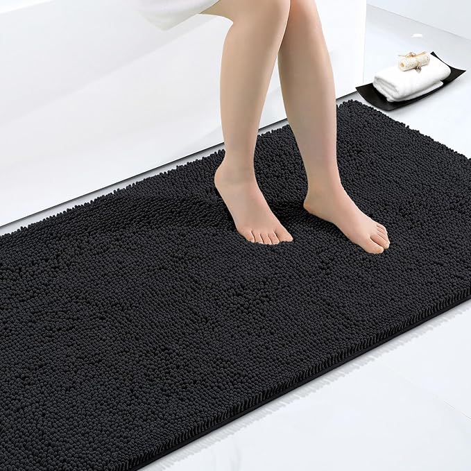 Smiry Luxury Chenille Bathroom Rugs 44x32, Extra Soft and Absorbent Shaggy Bath Mat, Machine Washable, Non-Slip Plush Carpet Runner for Tub, Shower, and Floor, Home Decor Accessories, Black