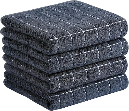 Homaxy 100% Cotton Terry Kitchen Towels(Dark Grey, 13 x 28 inches), Checkered Designed, Soft and Super Absorbent Dish Towels, 4 Pack