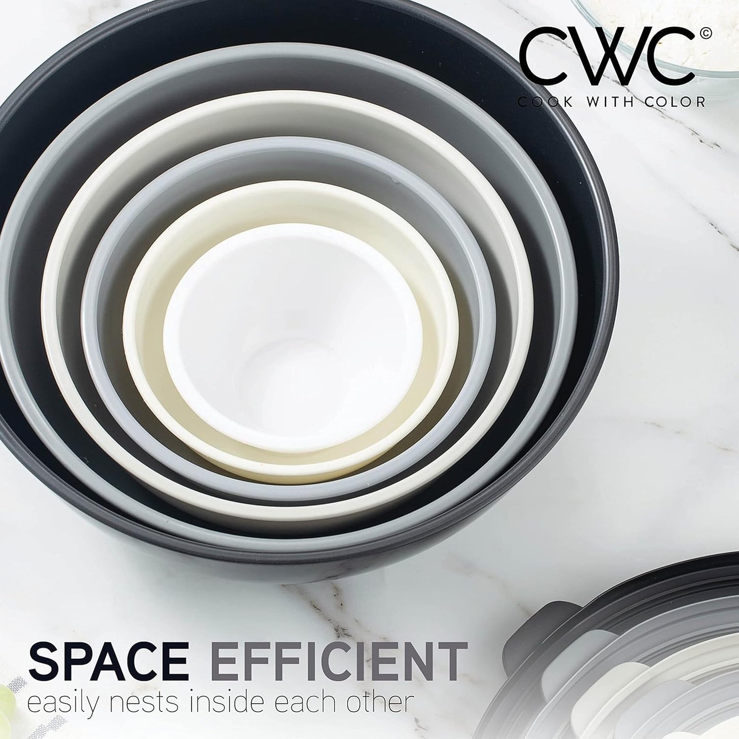 COOK WITH COLOR Mixing Bowls with TPR Lids - 12 Piece Plastic Nesting Set includes 6 Prep and Lids, Microwave Safe Bowl (Black Ombre)