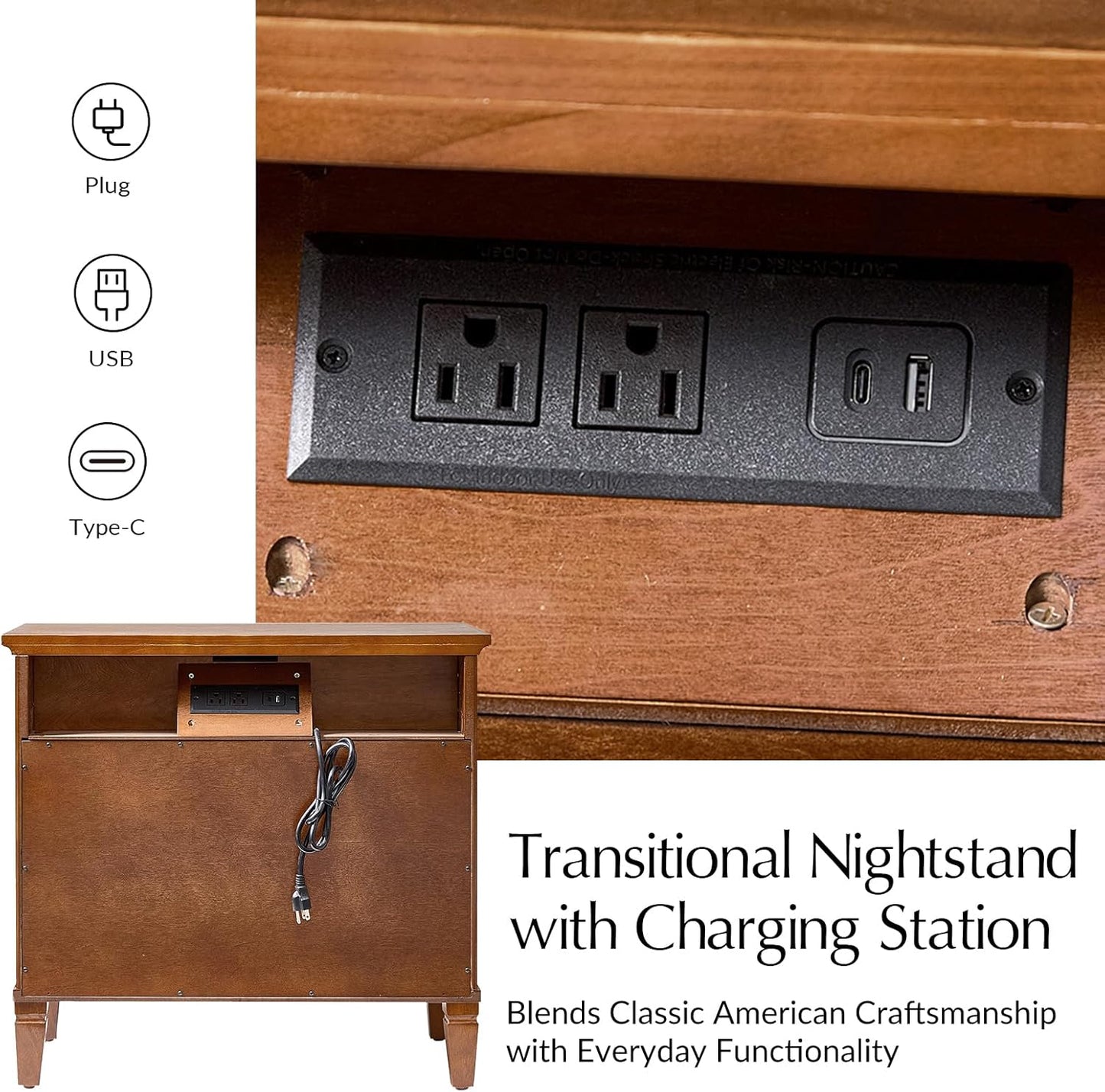 HULALA HOME Farmhouse Nightstand with Charging Station, Pull-Out Tray, 3 Drawers Nightstand with Solid Wood Legs, Wood Veneer Bedside Table with Open Shelf Set of 2, Walnut