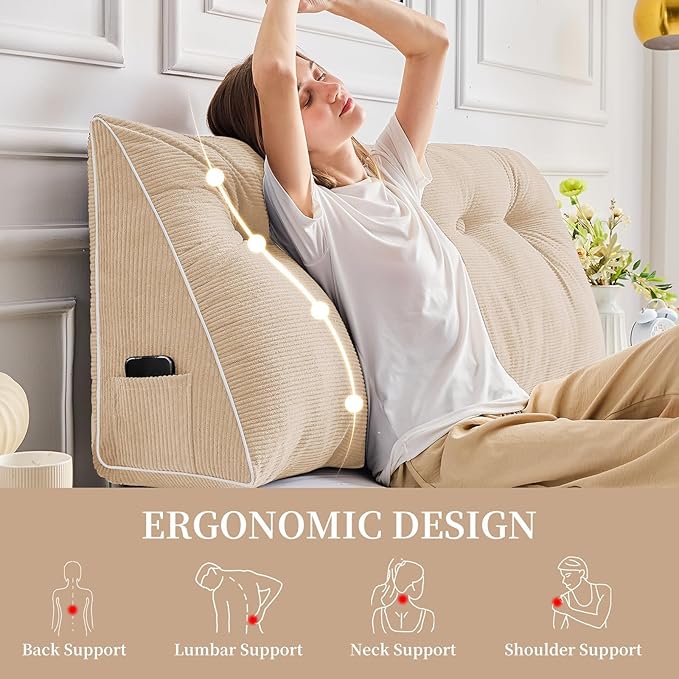 Sasttie Headboard Pillow Full, Wedge Pillow Headboard for Sitting Up in Bed, Back-Rest Support Triangular Cushion for Reading - Features Removable Washable Cover, Beige