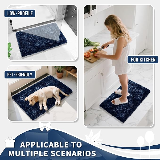 Yimobra Long Bathroom Rugs Runner 60x24 Inch, Extra Thick Soft Absorbent Chenille Bath Mat, Non Slip Machine Washable, Quick Dry Bath Rugs for Bathroom Floor, Tub and Shower, Navy Blue