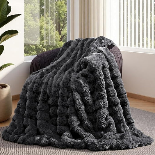 Lotus Karen Faux Fur Blanket Dark Gray Twin Size - Big Bubble Rabbit Fluff Throws for Couch Small Fluffy Fuzzy Cozy Thick Furry Plush Shaggy Blankets 60x80 Inches