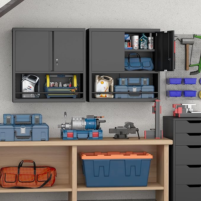 LUCYPAL Garage Storage Cabinet with Locking Doors and Shelves,Black Metal Wall Cabinets for Garage,Floating Upper Storage Cabinet for Warehouse/Basement/Kitchen/Home Office