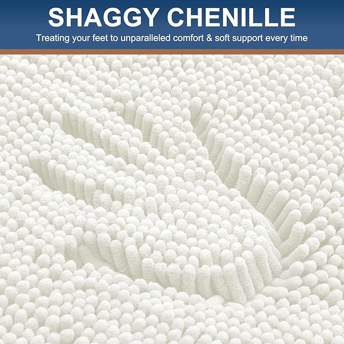 Smiry Luxury Chenille Bathroom Rugs 30x20, Extra Soft and Absorbent Shaggy Bath Mat, Machine Washable, Non-Slip Plush Carpet Runner for Tub, Shower, and Floor, Home Decor Accessories, Ivory