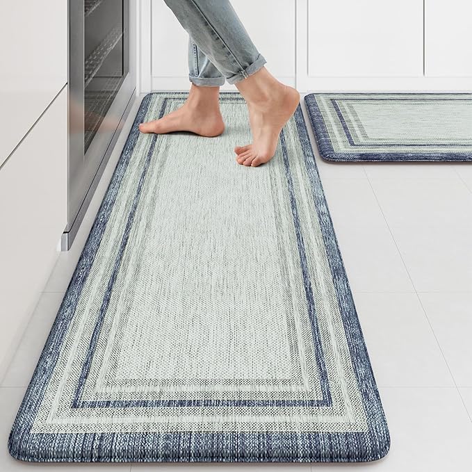 KIMODE Anti Fatigue Kitchen Mat 2PCS,Non-Skid Waterproof Kitchen Rugs,Farmhouse Kitchen Mat for Floor,Cushioned Comfort Foam Standing Mat for Laundry,Office,Sink,Desk,Blue and Gray