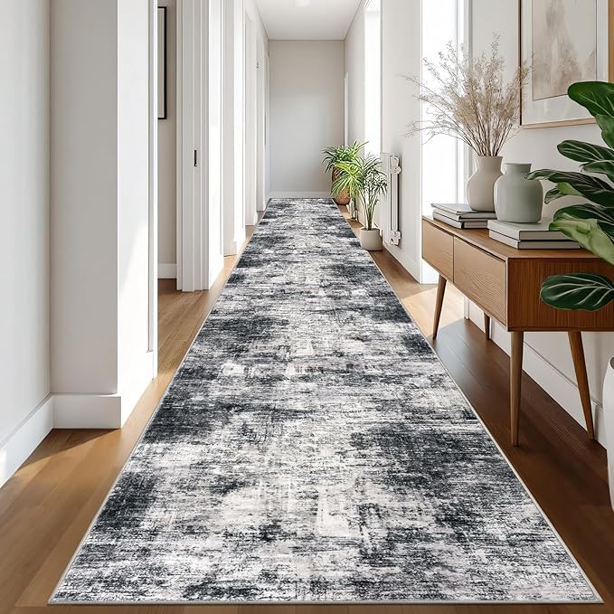 IOHOUZE Abstract Runner Rug 3x20 Ft Extra Long Washable Runners for Hallways, Non Slip Kitchen Runner Printed Faux Wool Entryway Runner Indoor, Modern Abstract Floor Carpet for Hall Stair, Black Grey