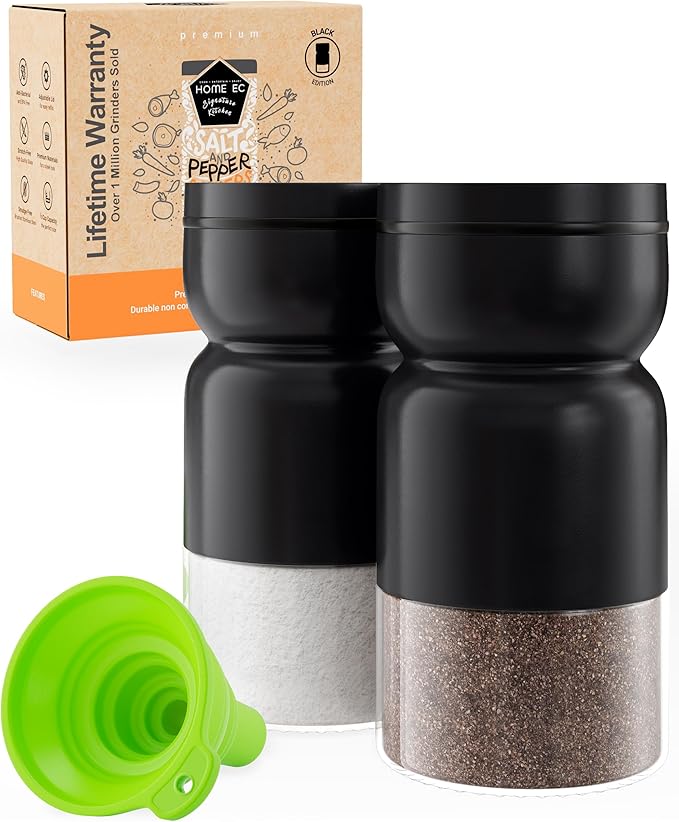HOME EC Original Salt and Pepper Shakers Set with Adjustable Pour Holes - Black Salt Shaker and Pepper Shaker - Farmhouse Spice dispenser for salts, Ground peppercorn and spices