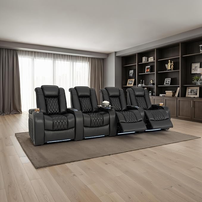 Seatcraft Diamante Zero-Gravity CoolZero Italian Leather Home Theater Seating, Power Headrest, Power Recline, Row of 4, Black