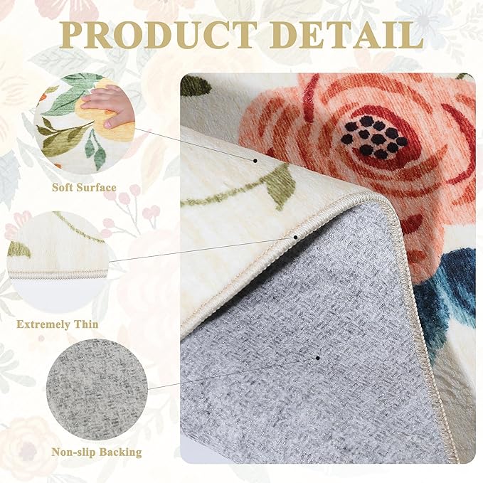 DUKINO 4x6 Area Rug, Lightweight Non Slip Washable Floral Rug, Indoor Low Pile & Non-Shedding Boho Design Rugs for Bedroom, Living Room, Dining Room, Beige Yellow